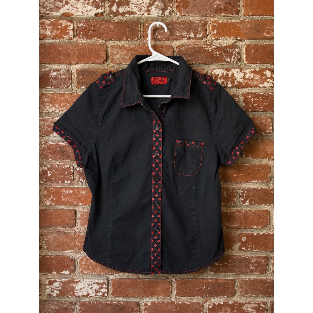 Tripp NYC Black Red Star Trim Button Up Shirt 2XL Mall Goth Emo Grunge Alt Y2K